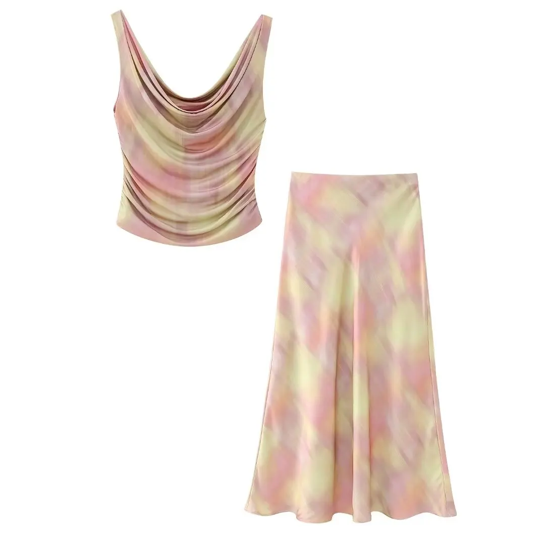 

Set Women 2 Pieces 2023 New Fashion Summer Short Fold Tops Vintage Tie-dyed Satin Texture Skirt Female Chic Tops