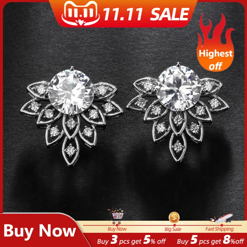 

JUNZI Elegant Leaf Zirconia Stud Earrings for Women Sparkling Green Round CZ Crystal Earring Engagement Wedding Party Jewelry