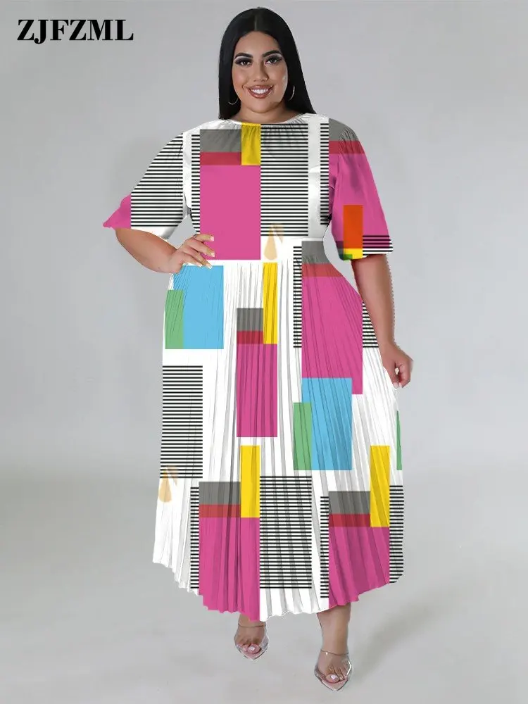 

ZJFZML ZZ женская одежда 2023 эстетичный принт круглый вырез короткий рукав Высокая талия плиссированные смоченные большие свободные платья