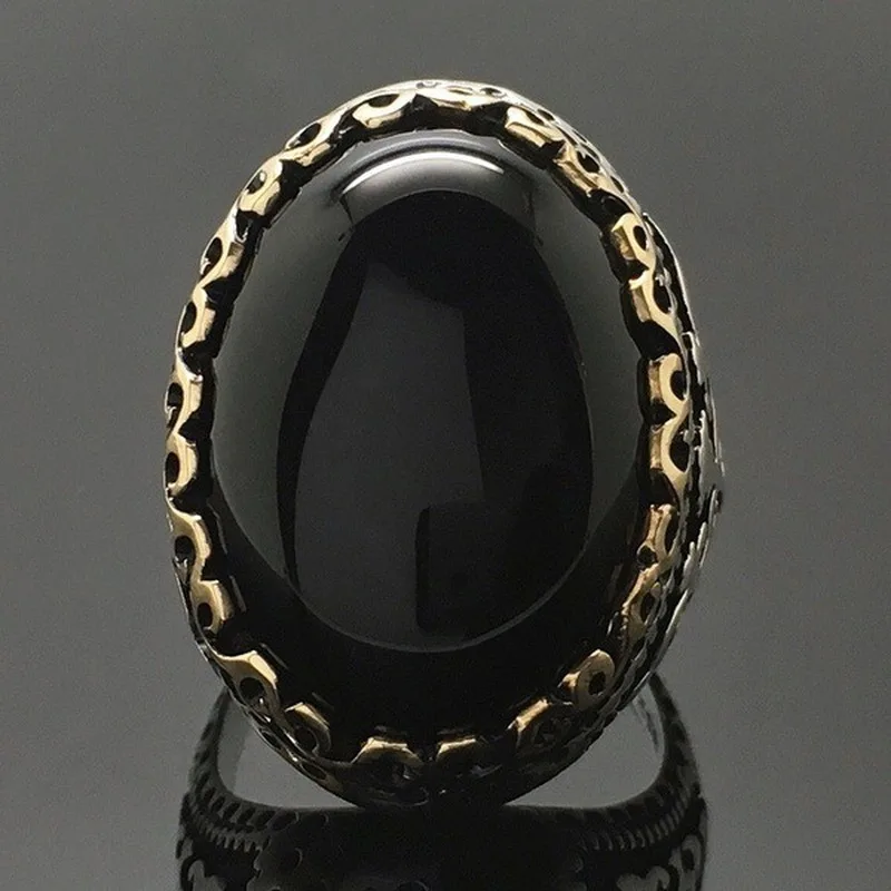 

S925 Thai Silver Black Gemstone Ring Exaggerated Goose Egg Stone Ring Vintage Jewelry Birthday Party Gift Silver Jewelry Ring