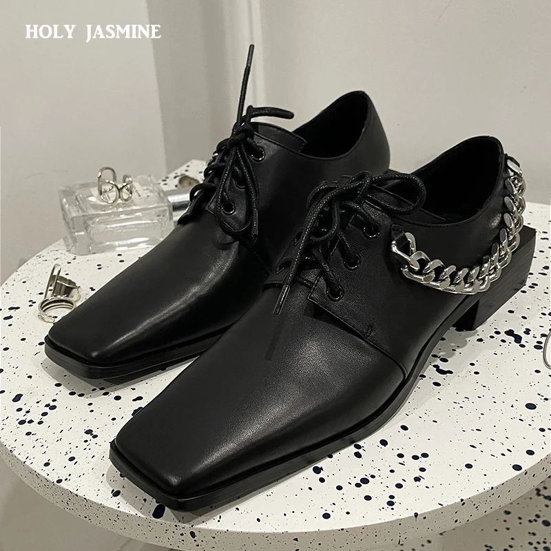 

2022 Spring New Women Pumps Genuine Leather Square Toe Chunky Heel with Chain Decoration Fashion Classic Women's Leather Shoes
