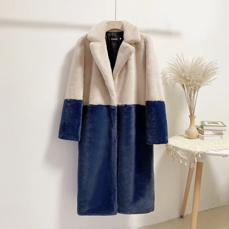 Korea Parka Winter Clothing Women Faux Fur Jacket long Color Matching Lapel OverCoat Female h Coat  x-long fur coats