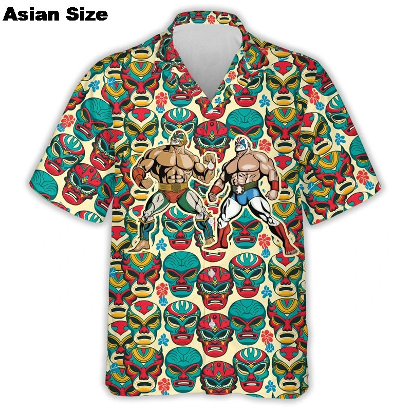 3D Mask Print Men's Shirt Summer Lucha Libre Short Sleeve Casual Hawaii For Men Clothing 2025 Mexican Wrestling Tee