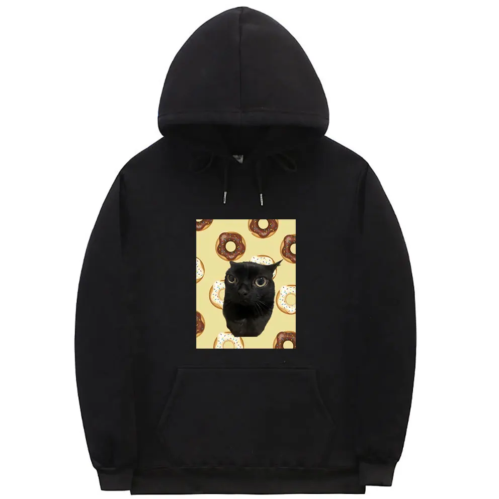 

Funny Black Big Foot Jinx Cat Hoodie Delicious Doughnut Graphic Print Hooded Sportswear Men Women Fashion Casual Loose Hoodies