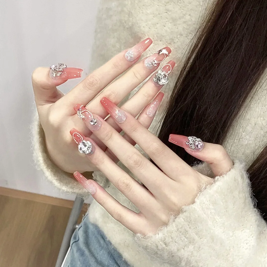 Роскошные накладные ногти невесты ручной работы 10 шт. длинные гвозди розовые