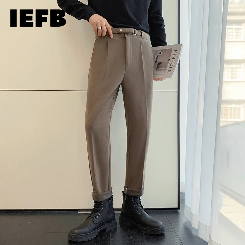 

IEFB Winter Style Straight Woolen Suit Pants Buckle Business Casual 2023 Spring Solid Color Male Trousers Korean Fashion 9A6739
