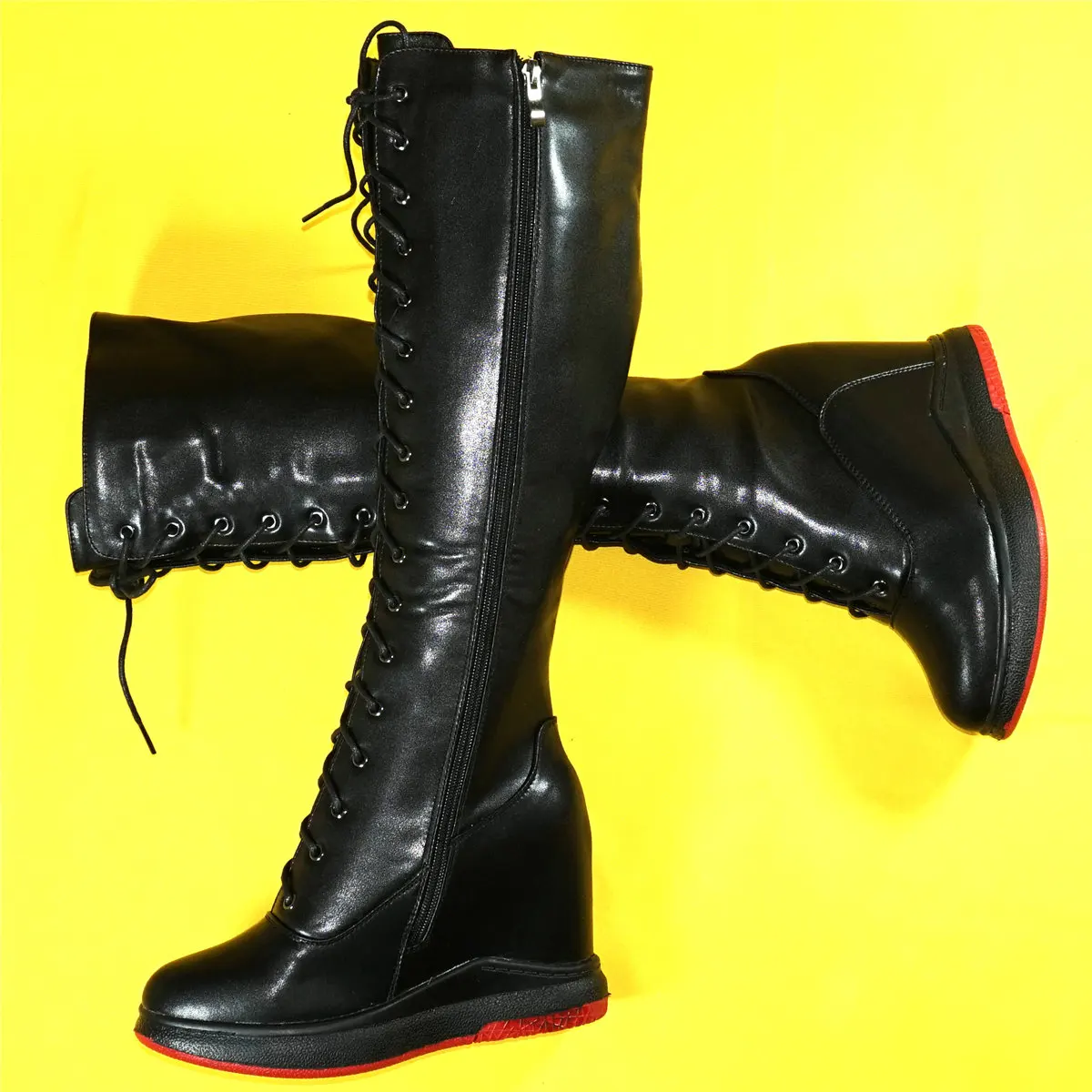 Casual Shoes Women Lace Up Genuine Leather High Heel Vulcanized Shoes Female Round Toe Fashion Sneakers Winter Platform Pumps