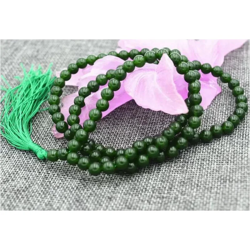 

6/8mm Buddhist Dark Green Round Emerald Gemstone 108 Prayer Beads Mala Necklace