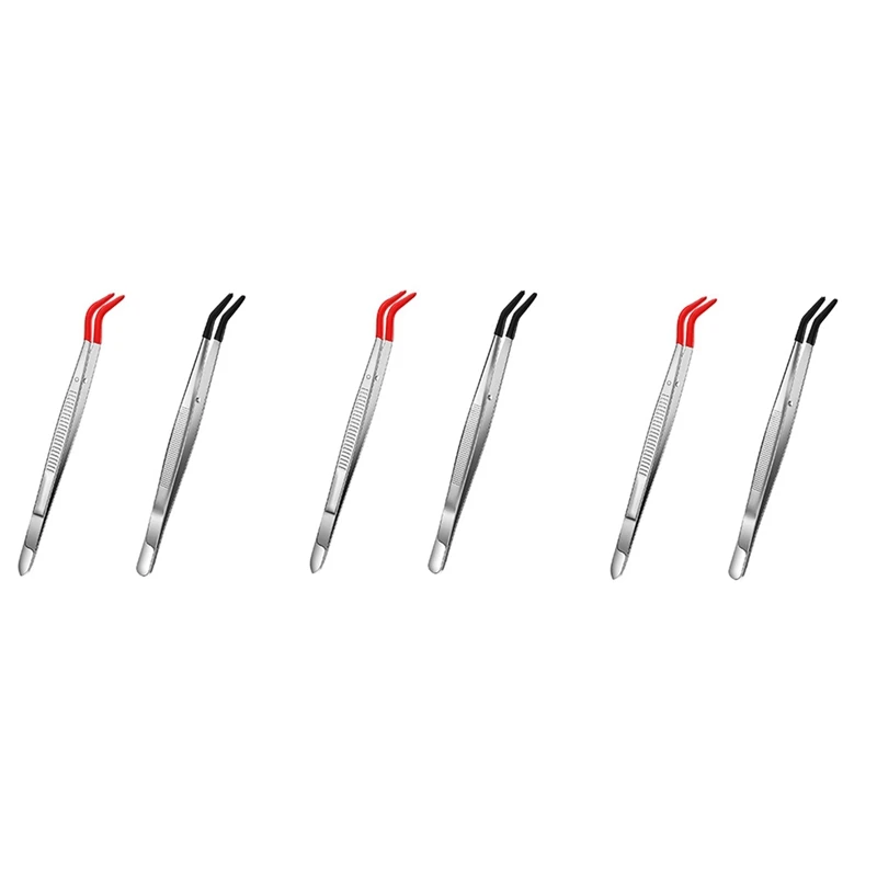 

6 PCS Tweezers Curved Bent Rubber Tip Tweezers Stainless Steel Crafts Tweezers For Lab Jewelry Making