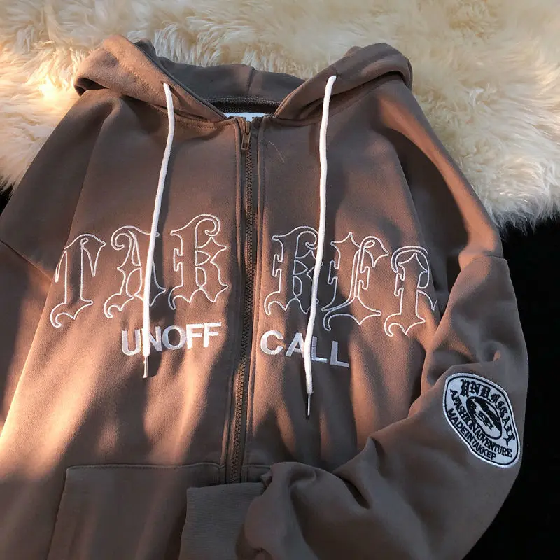 

Y2K Gothic Character Embroidery Oversize Zip Up Hoodies Auttumn Winter Long Sleeve Sweatshirt Casual Hooded Jacket Streetwear