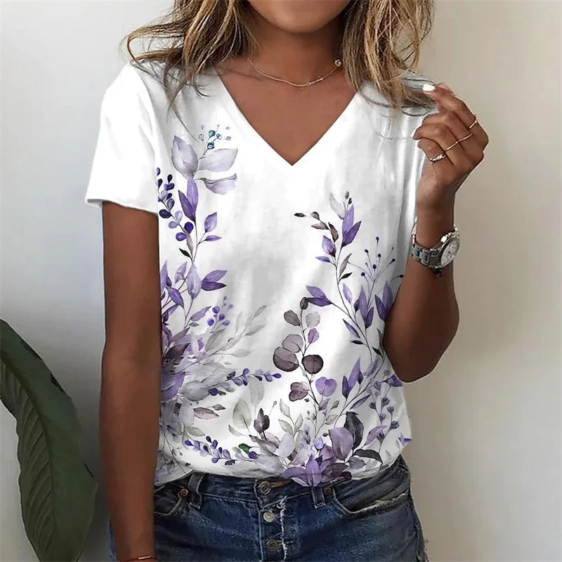 

2023 Women's V-neck Tshirt Summer Short-sleeved T-shirt Simple Butterfly Print Retro Large Yard Pullover Fashion Tops Y2k Tshirt