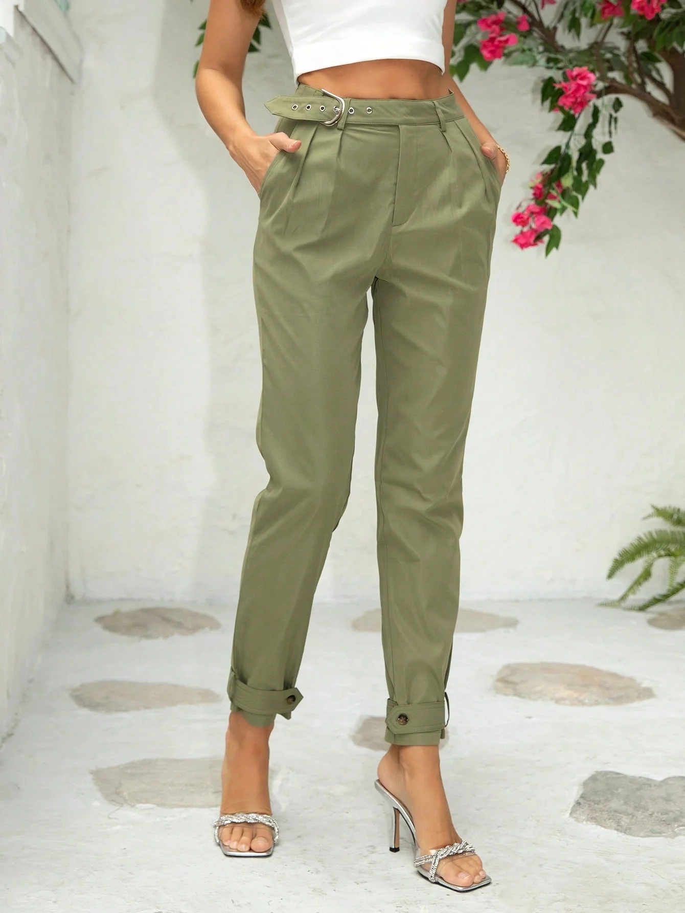 

EvaQueen High Waist Fold Pleated Pants
