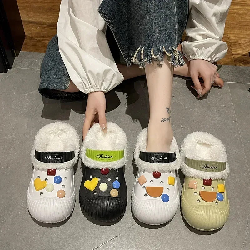 

Croc Women Garden Warm Plush Clogs Ladies Sandals with Fur Winter Cotton Clog Non-slip Hole Shoes Flip Flops Slippers New