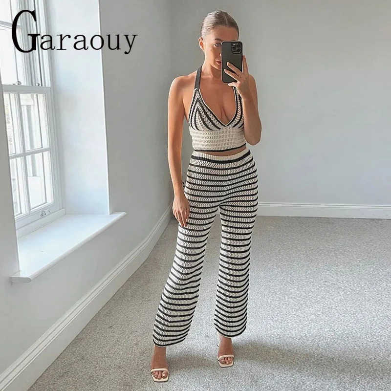 

Женский пляжный вязаный жилет Garaouy + прямые брюки, лето 2022, шикарный полосатый короткий топ, женский укороченный топ без рукавов с V-образным ...
