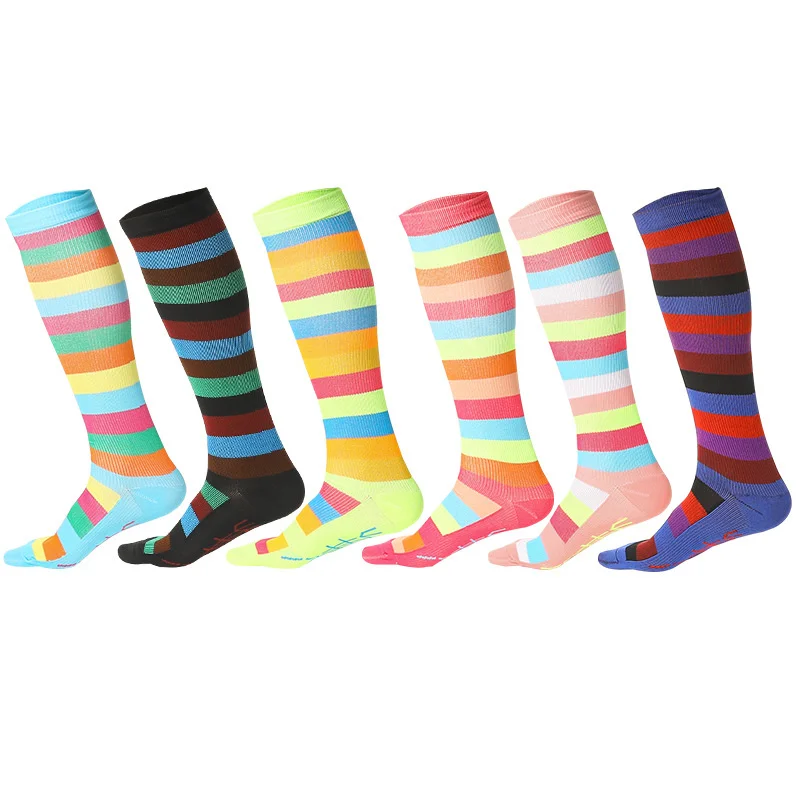 

Peonfly Socks Compression Men Women Geometric Striped Print Leg Pressure Stockings Nylon Compress Running High Sports