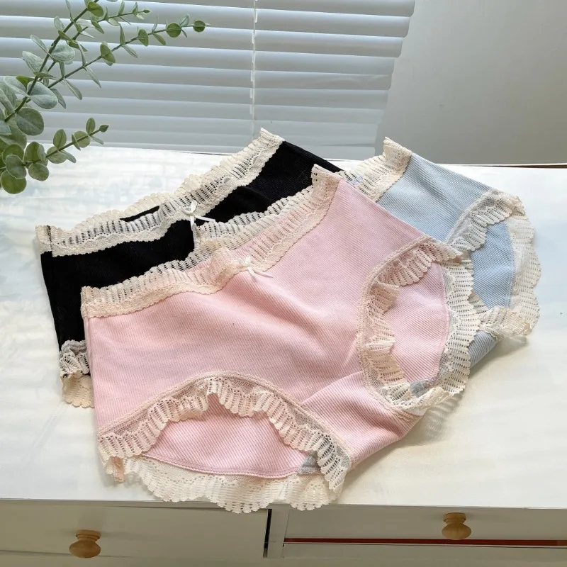 

Женское нижнее белье в стиле ретро, Бесшовные дышащие трусики из чистого хлопка со средней талией и кружевом, большие размеры, Осень-зима