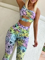 summer women casual sleeveless slim fit two piece suit sets all over print one shoulder cutout allover cartoon print active sets
