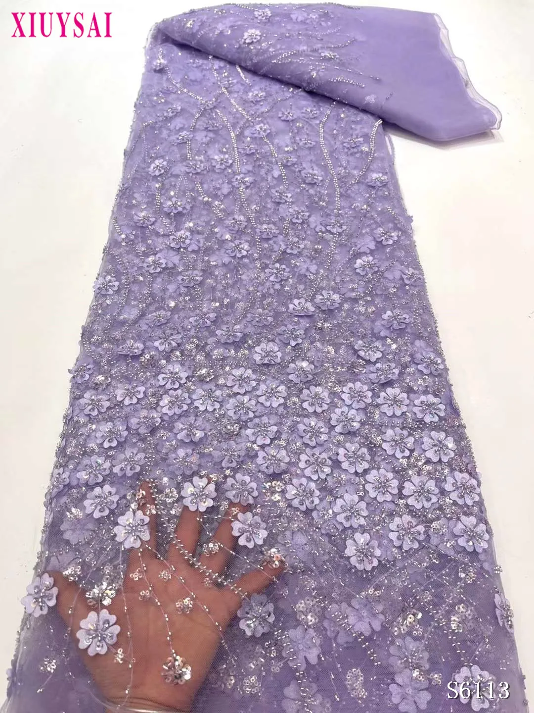 

Nigerian French Sequins Lace Fabric Hot Sale Handmade 2023 Embroidered African Beaded Net Mesh Lace Fabric For Women Sewing