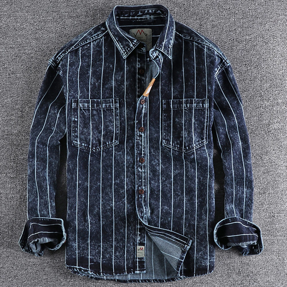 European Fashion Big and Tall Mans Jeans Shirt Spring Summer Men's Stripe Shirt Denim Travel Street Shirts Brand Mans Clothing