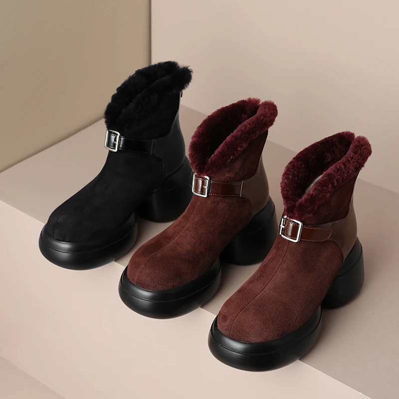 

2022 new European Russia winter ankle boots natural leather warm snow boots 22-24.5cm cowhide+Suede+wool back zip woolen boots