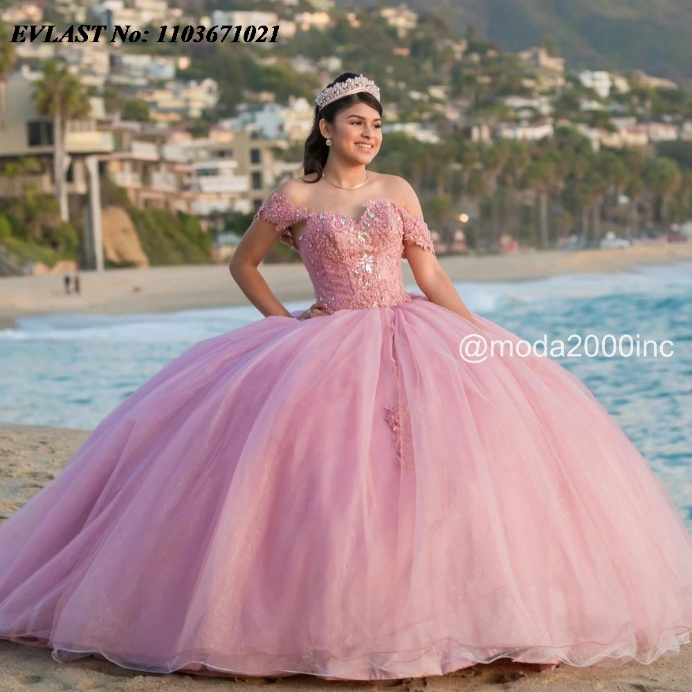 Блестящее розовое платье для Quinnceanera EVLAST бальное Кружевная аппликация украшенная