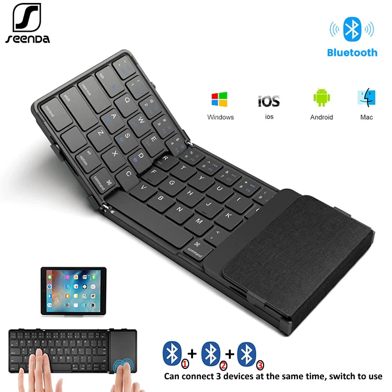 SeenDa Foldable Keyboard Tri-Folding Wireless Keyboard with Touchpad Mouse Rechargeable Mini Keyboard for Windows Phone PC Table