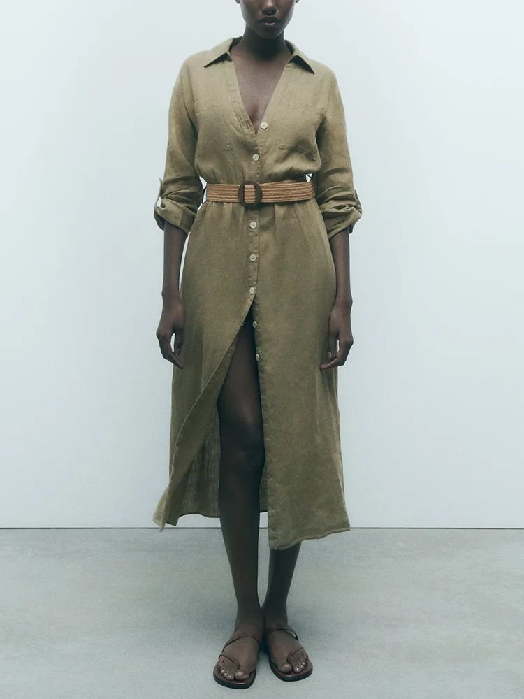 

Элегантные женские платья 2023 льняное платье миди с V-образным вырезом и воротником-стойкой на пуговицах с поясом, отложными рукавами и карманами, однотонное повседневное платье-рубашка