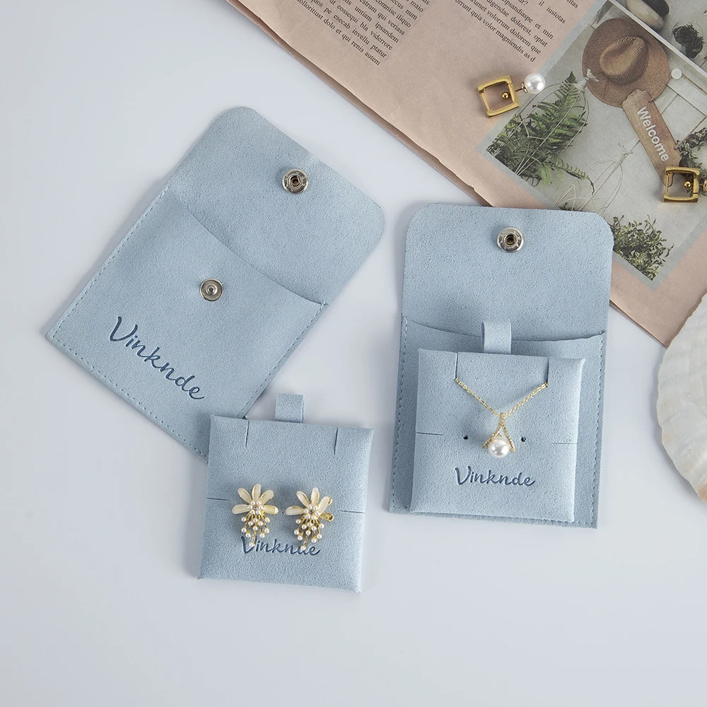 Eco Custom Logo Flap Snap Microfiber Jewellery Insert Earrings Necklace Packaging Display Cards Wedding Gift Bag Jewelry Pouch