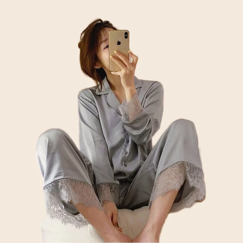 Women's Sexy Lace Pajamas Set Full Sleeve T-shirt Long Pants 2Piece/Set Cozy Silk Pyjama Mom Homewear Plus Size Rayon PJS