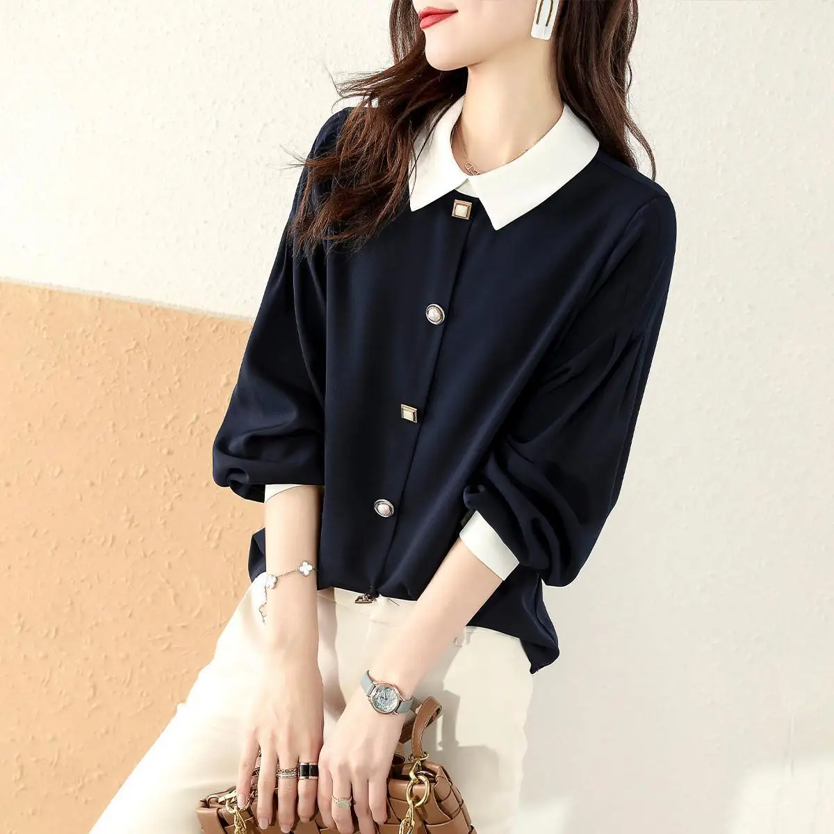 New spring cardigan fashion simple commuter style loose Korean  long-sleeved shirt women's top  Streetwear