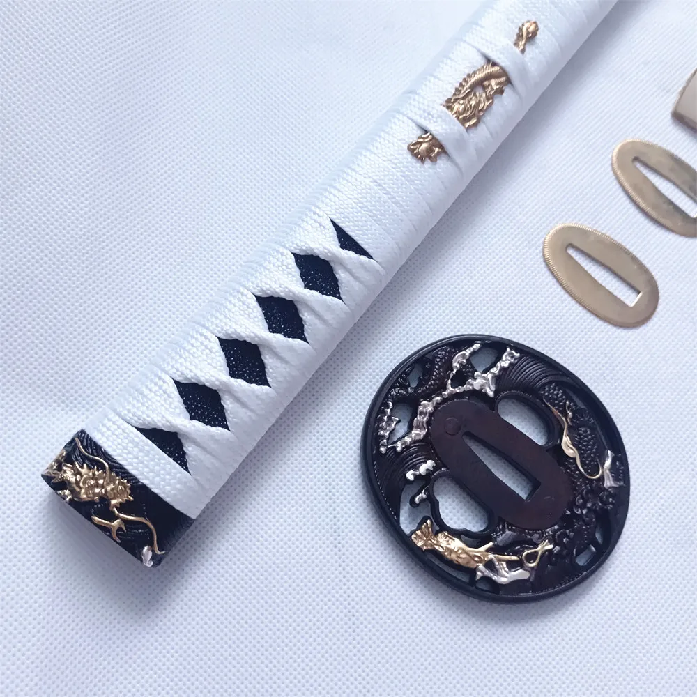 Фото Ручка Tsuka, 30 см, белое шелковое покрытие, золото, серебро, Tsuba Fuchi Kashira, фитинги, латунные фитинги Habaki Seppas для японского меча Katana №3