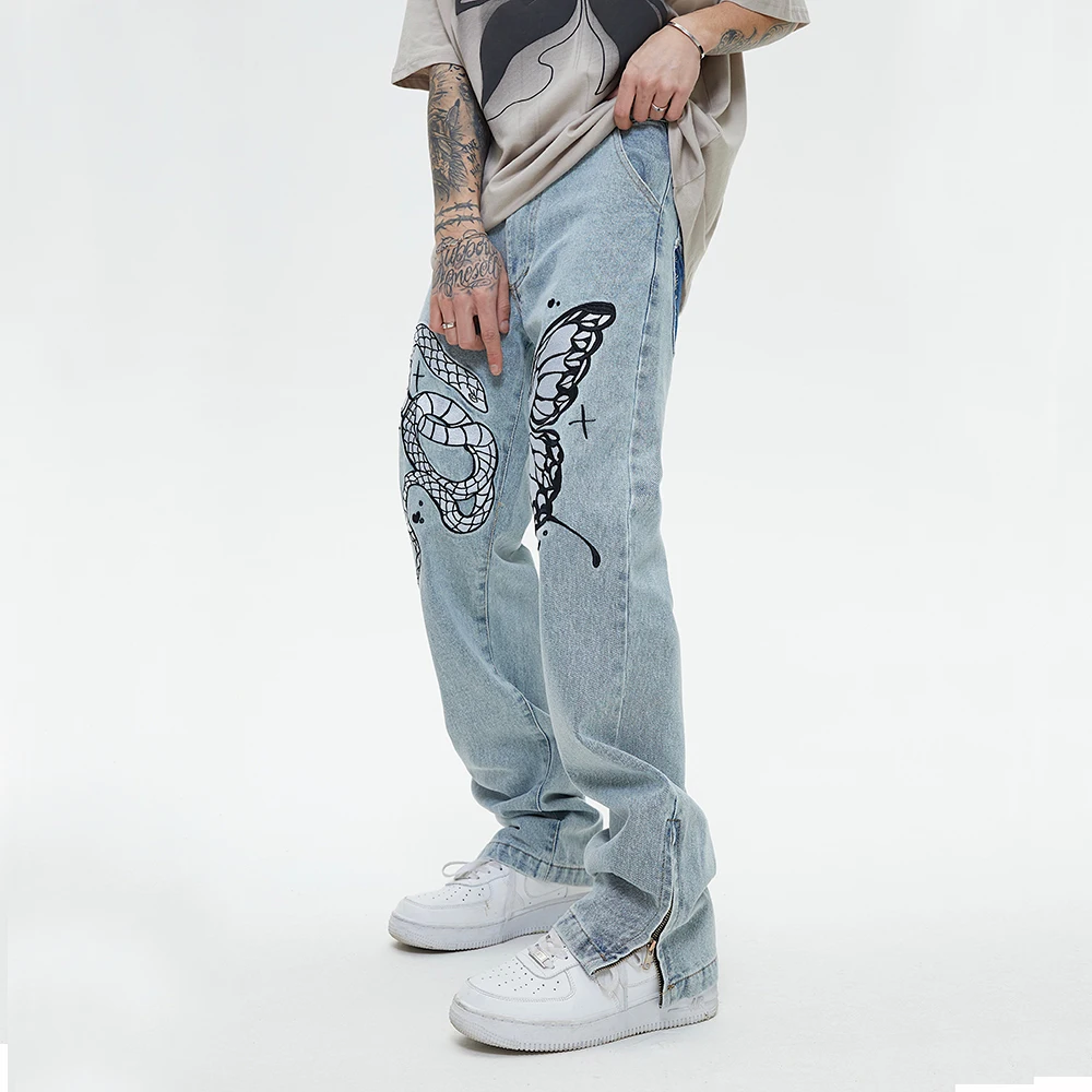Hip Hop High Street Butterfly and Snake Embroidery Straight Jeans Pants Men's Ankle Pockets Loose Denim Trousers  men clothing