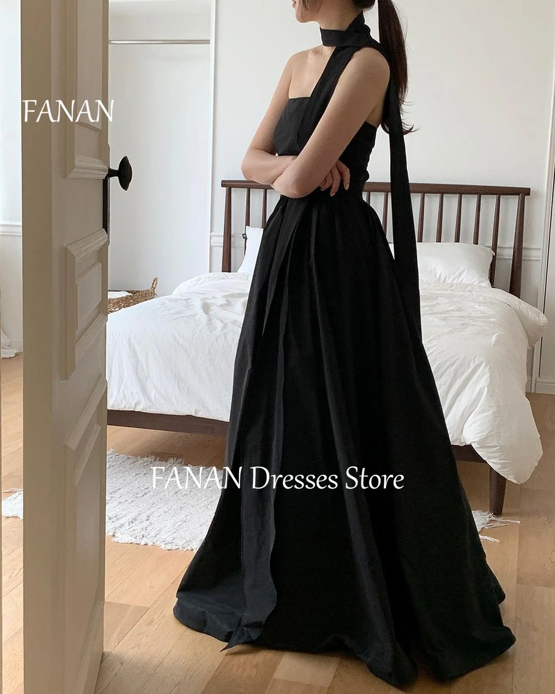 Фото Женское вечернее платье FANAN, ТРАПЕЦИЕВИДНОЕ ПЛАТЬЕ с открытыми плечами, элегантное платье из тафты черного цвета в Корейском стиле для выпускного вечера №5