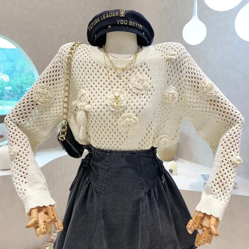 

Niche Design New Women's Clothing 2022 3D Flower Hollowed Out Knit Shirt Early Autumn Pullover Loose Long Sleeve Blouse Top