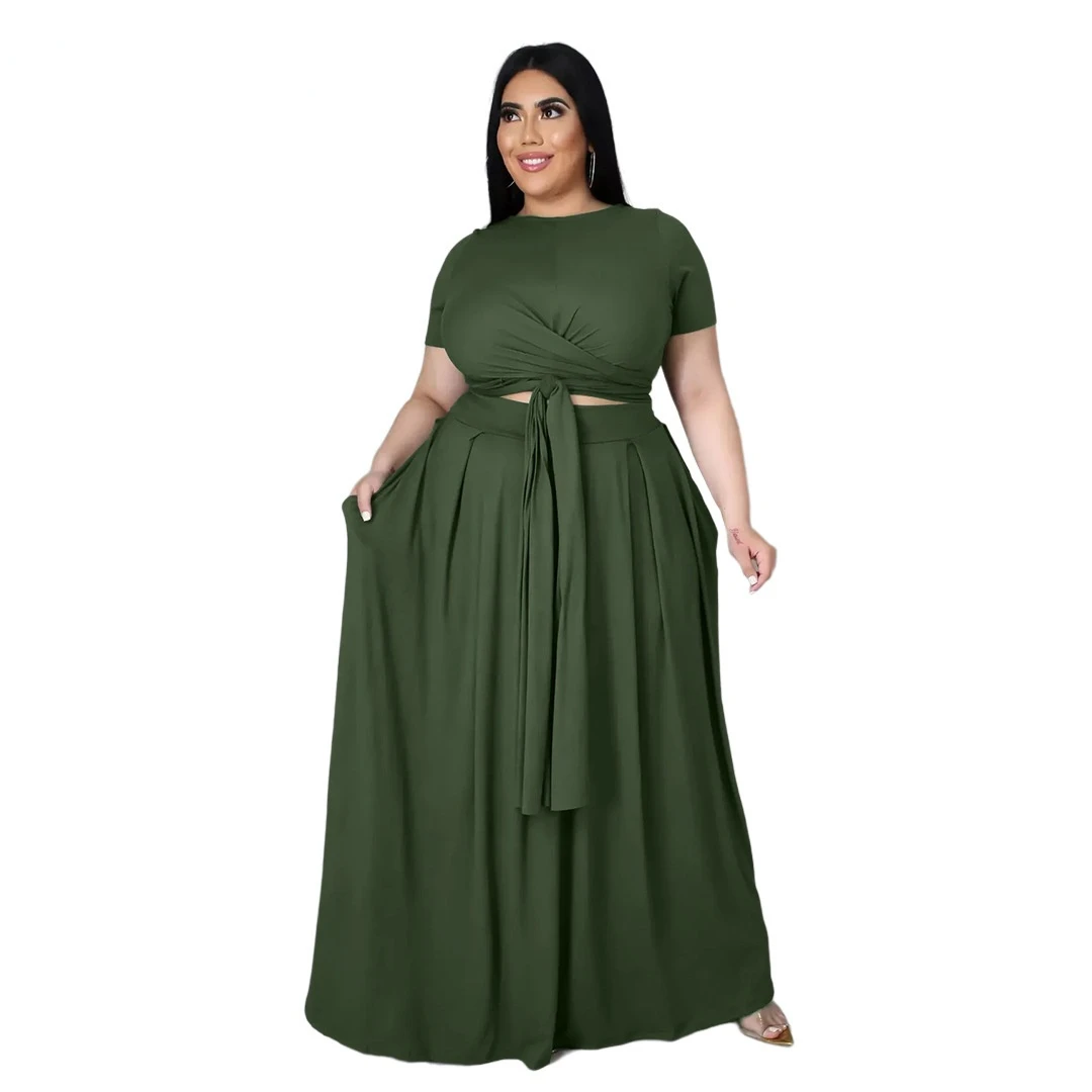 

CM.YAYA Plus Size Set Women Soli Short Sleeve Bandage Crop Tops High Waist Loose Long Skirts 2 Two Piece Sets Tracksuit Outfit