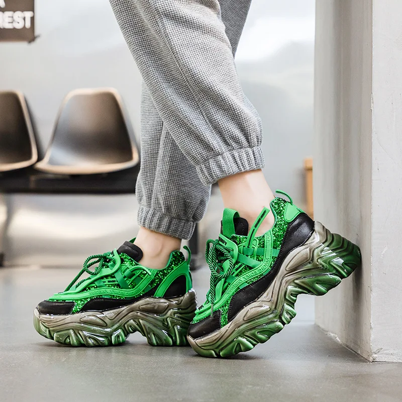 

Matching color thick soles women's fashion shoes spring 2022 sequins fried street show slim increase casual fashion dad shoes