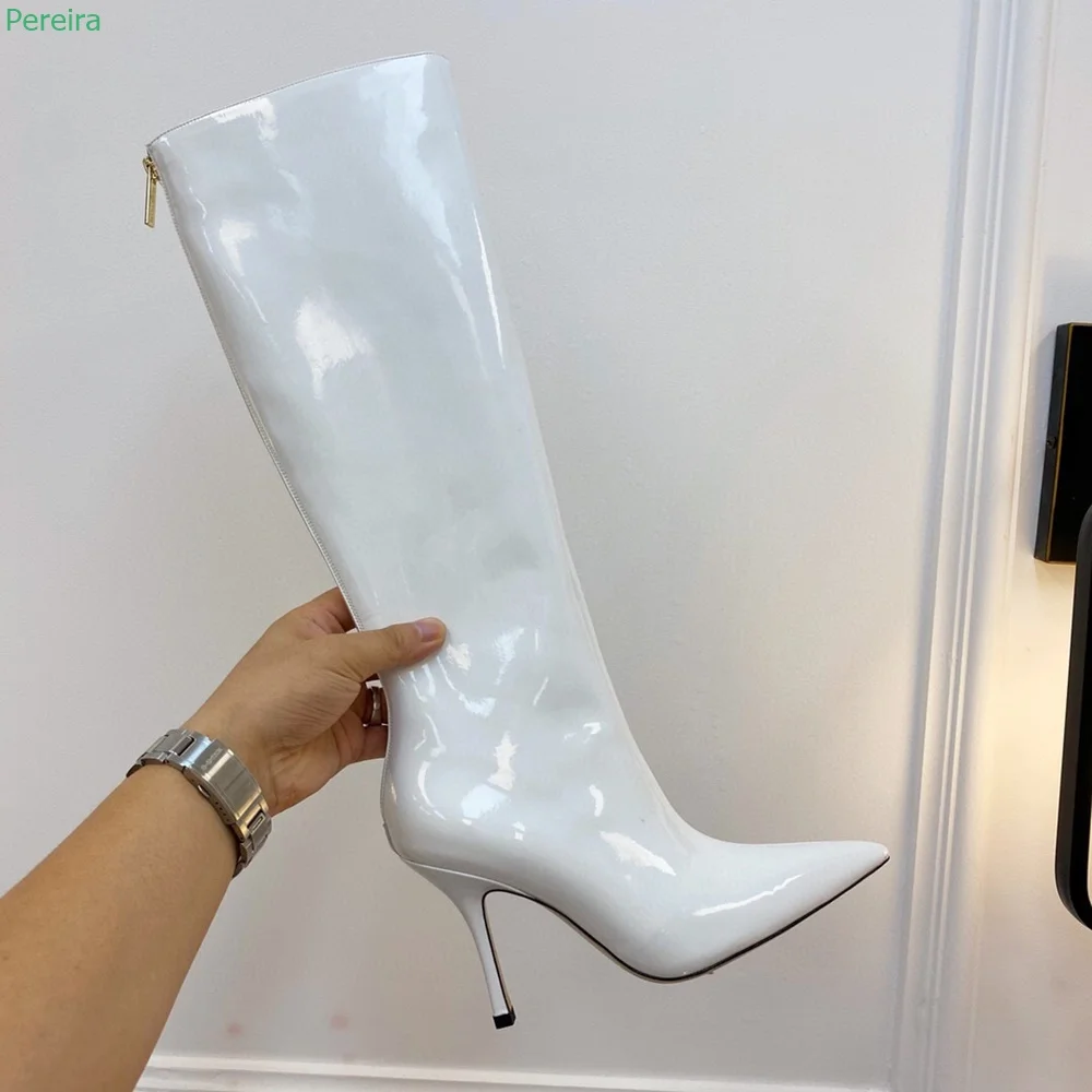 

White Stiletto Mid Boots 2022 New Arrival Solid Patent Leather Spring Back Zipper Pointed Toe Sexy Fashion Shoes For Women