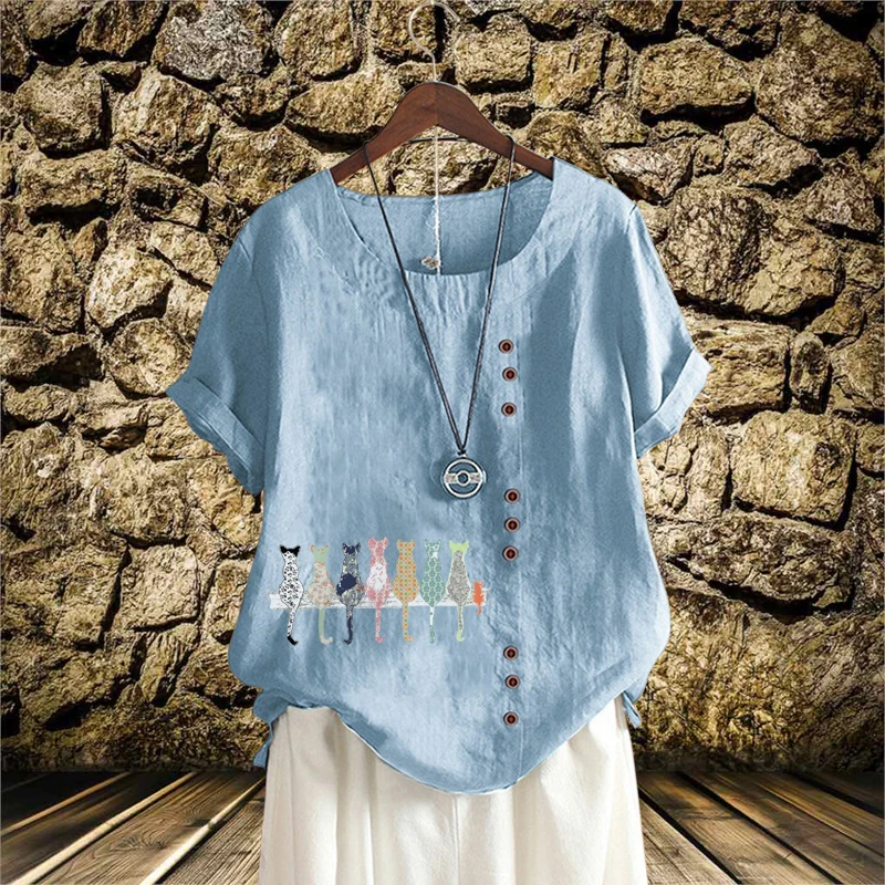 

O Neck Printed Loose T Shirt for Lady Women's Fashion Plus Size Cotton Linen Short Sleeve Shirt Top in Summer Casual Style