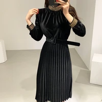 womens new autumn style high end temperament stand collar long sleeve slim fitting stitching pleated fashion dress with belt