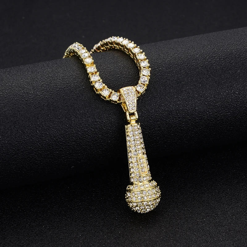 

Men Iced Out Microphone Pendants Necklaces 4mm Paved Rhinestone Crystal Cuban Tennis Chain Silver Color Charm Jewelry for Women
