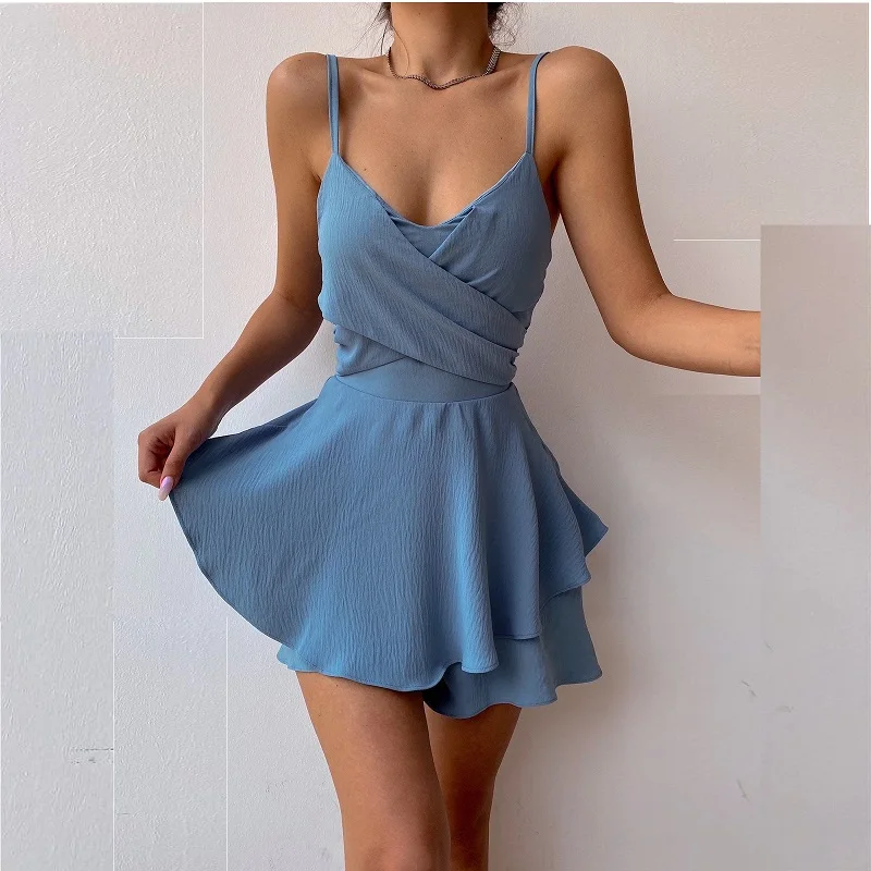 

YEMOGGY Elegant Sexy Dress for Summer Women Dress with Zipper 2023 new Skinny Spaghetti Strap V-neck Solid Ruffle Mini Dress