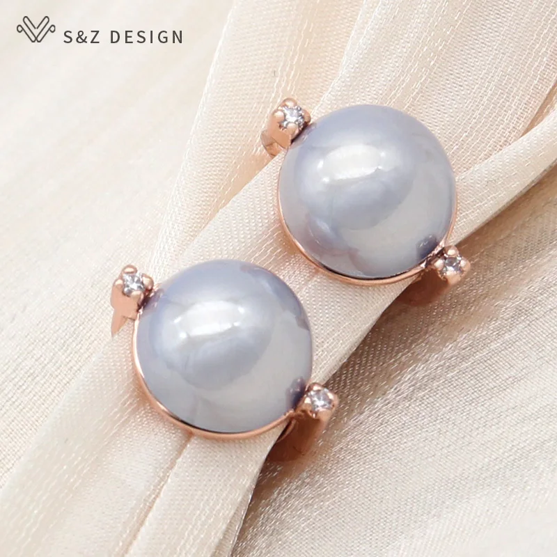 

S&Z DESIGN New Fashion Round Simulated-pearl Drop Earrings For Women Wedding 585 Rose Gold Color Cubic Zirconia Jewelry Eardrop