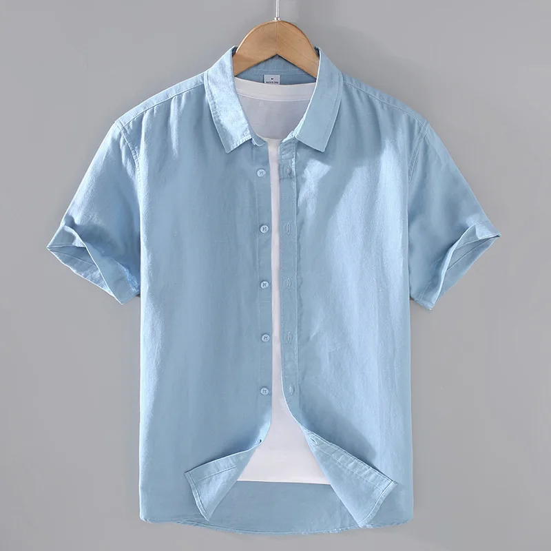 

Mens Cotton Linen Short Sleeve Shirts Summer Soft Breathable Casual Beach Shirt Hippie Fashion Solid Color Lightweight Tops Male
