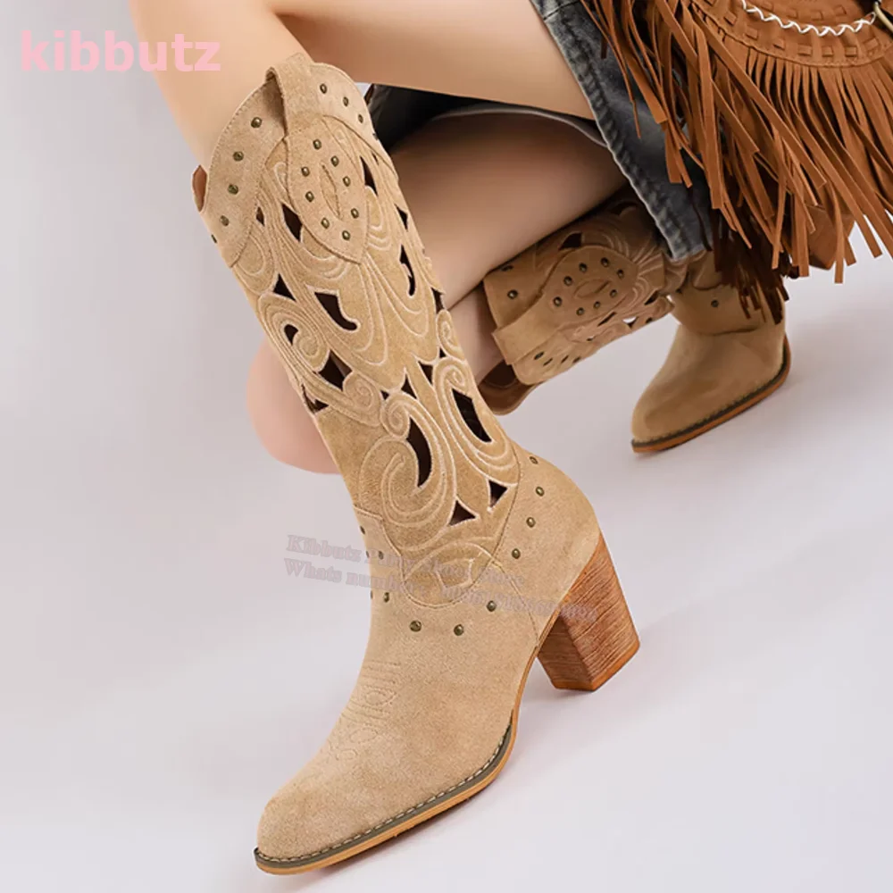

Suede Hollow Pointed Toe Square Heel Knee-High Boots Rivet Cowboy Slip-On Fashion Novelty National Sexy Women Shoes 2023 Newest