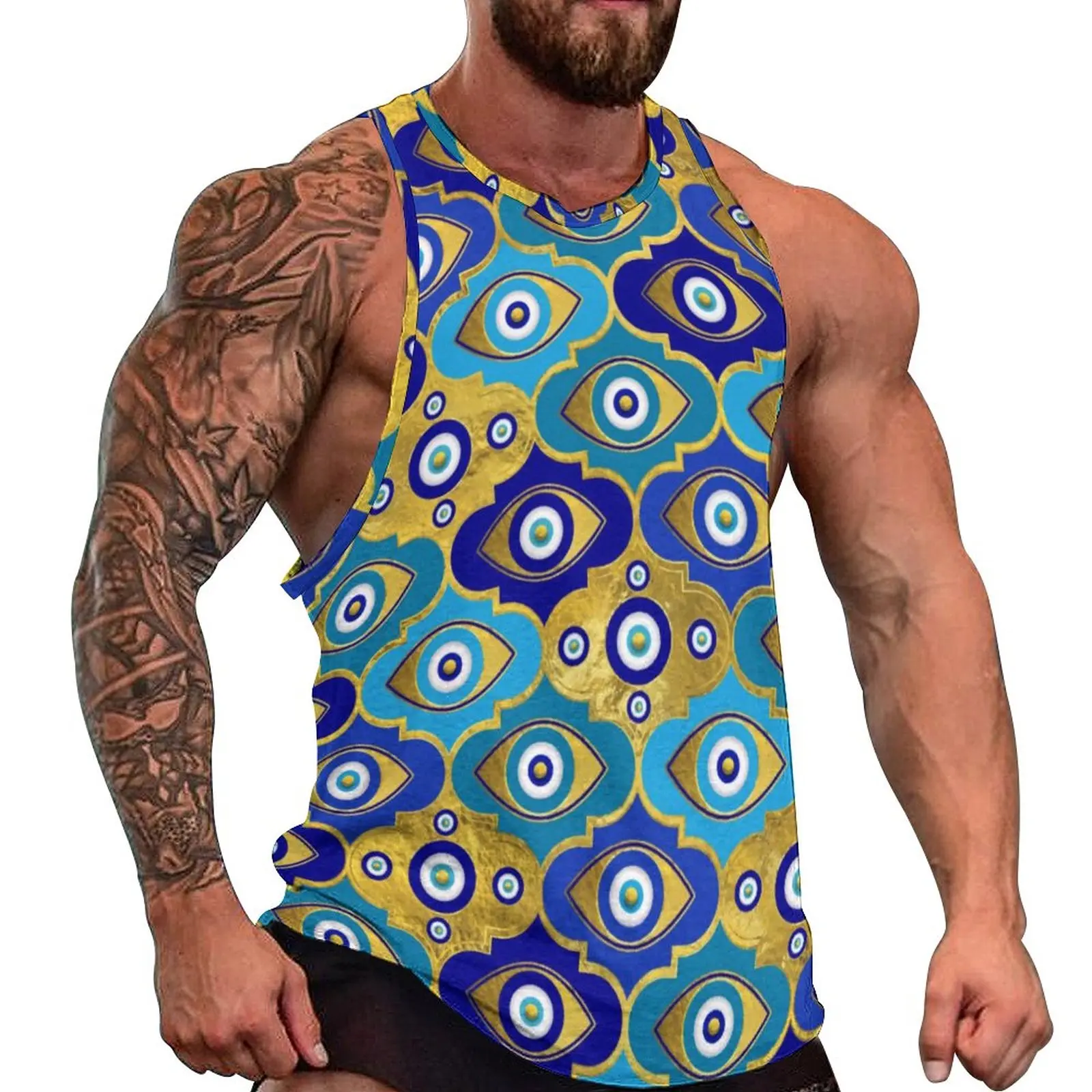 

Evil Eye Charms Daily Tank Top Quatrefoil Pattern Training Tops Mens Graphic Muscle Sleeveless Vests Plus Size