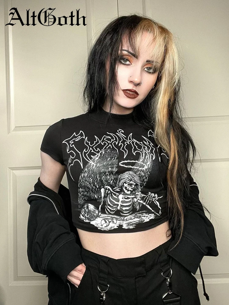 

AltGoth Gothic Streetwear Black T-shirt Women Harajuku Grunge Printed Short Sleeve Backless Tee Tops Y2k Emo Alternative T-shirt
