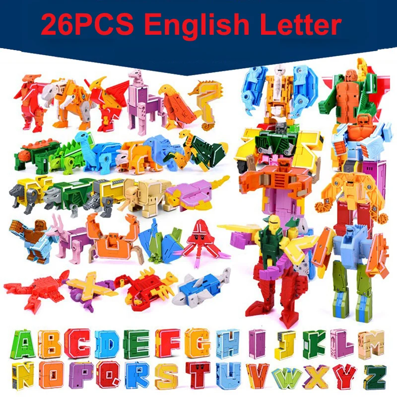 

26 GUDI English Letter Learn A-Z Alphabet Transformation Robot Dinosaur Deformation Animal Action Figures Building Block Toys
