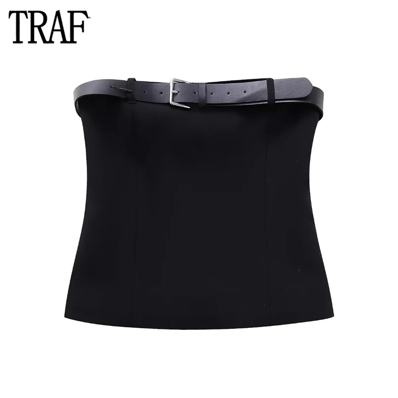 

TRAF Off Shoulder Crop Top Women Black Backless Corset Top Female Belt Sexy Bustier Top Woman Strapless Tank Tops for Women 2023
