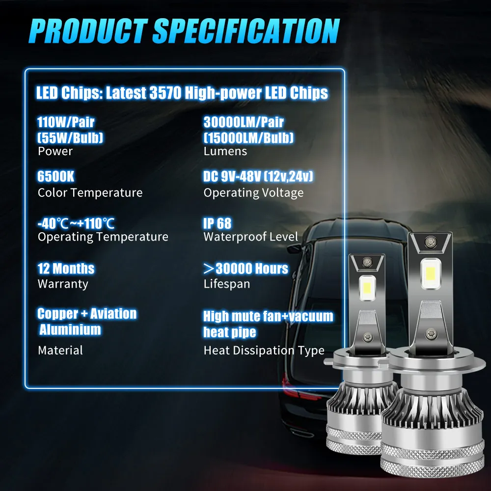 H7 H4 H11 Светодиодная фара Высокая мощность CSP Canbus H1 H8 9005 HB3 9006 HB4 9012 HIR2 110 Вт 30000LM