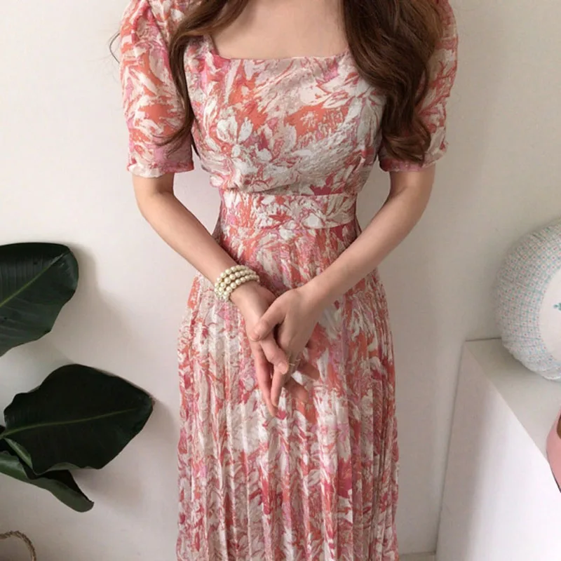 

Gaganight Women Elegant Square Neck Ink Flower Print Dress 2022 Korean Chic Summer Gentle Waist Slim Puff Sleeve Pleated Dresses